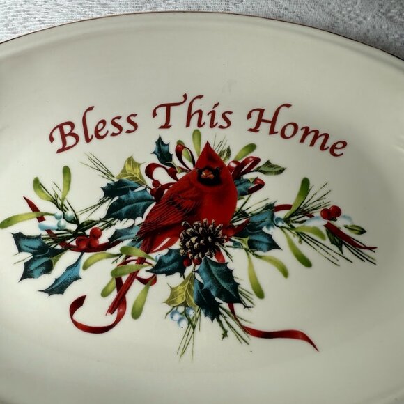 LENOX  Winter Greetings Tray "Bless This Home" - Red Ribbons, Cardinal On Holly - Picture 2 of 6